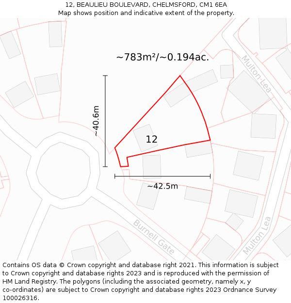 12, BEAULIEU BOULEVARD, CHELMSFORD, CM1 6EA: Plot and title map