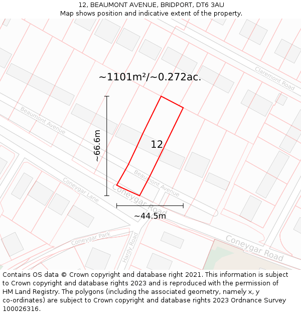 12, BEAUMONT AVENUE, BRIDPORT, DT6 3AU: Plot and title map