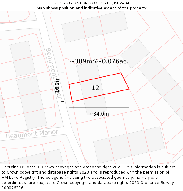 12, BEAUMONT MANOR, BLYTH, NE24 4LP: Plot and title map