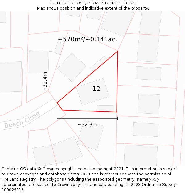 12, BEECH CLOSE, BROADSTONE, BH18 9NJ: Plot and title map