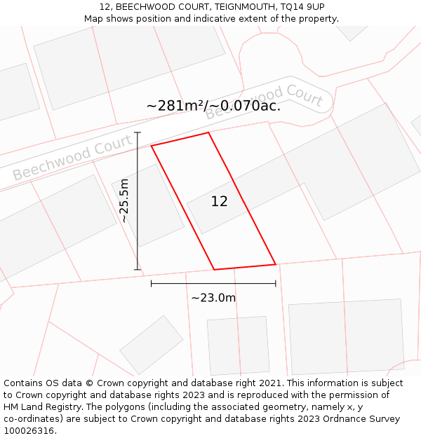 12, BEECHWOOD COURT, TEIGNMOUTH, TQ14 9UP: Plot and title map