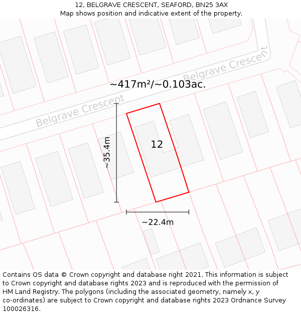 12, BELGRAVE CRESCENT, SEAFORD, BN25 3AX: Plot and title map