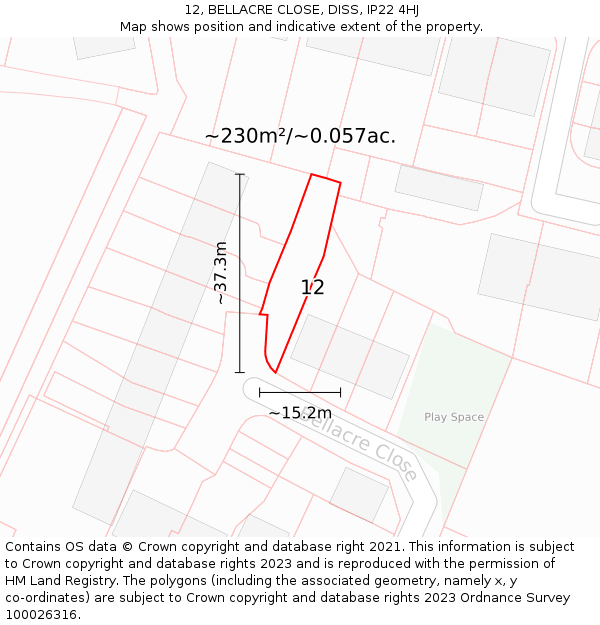 12, BELLACRE CLOSE, DISS, IP22 4HJ: Plot and title map