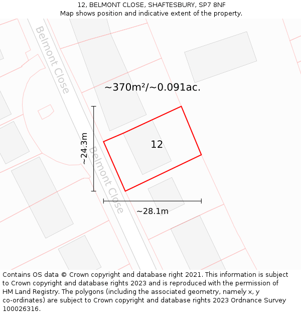 12, BELMONT CLOSE, SHAFTESBURY, SP7 8NF: Plot and title map