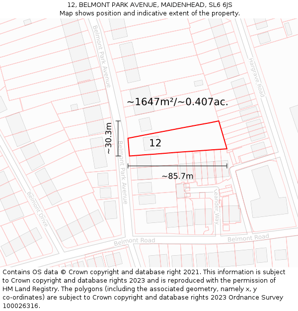 12, BELMONT PARK AVENUE, MAIDENHEAD, SL6 6JS: Plot and title map