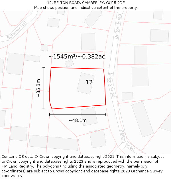 12, BELTON ROAD, CAMBERLEY, GU15 2DE: Plot and title map