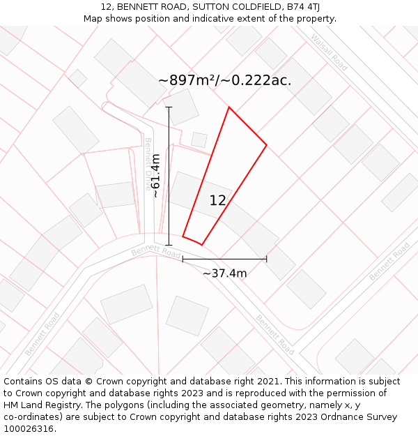 12, BENNETT ROAD, SUTTON COLDFIELD, B74 4TJ: Plot and title map