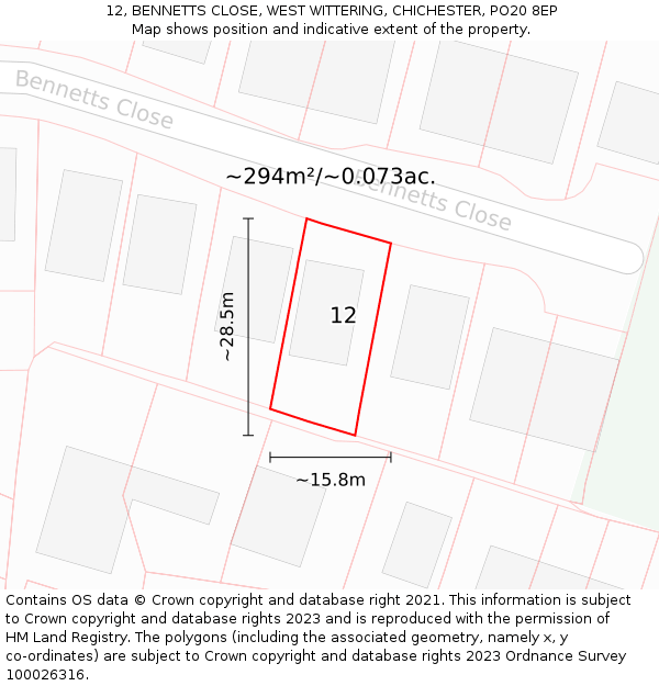 12, BENNETTS CLOSE, WEST WITTERING, CHICHESTER, PO20 8EP: Plot and title map