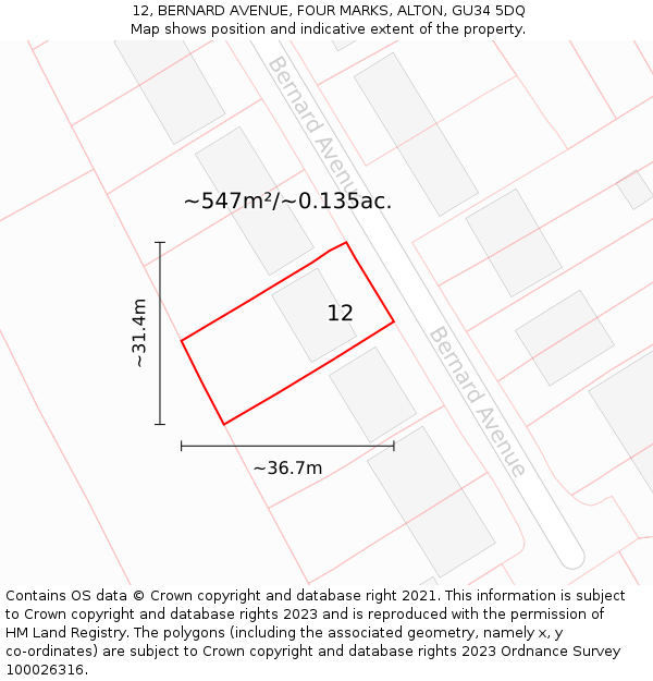 12, BERNARD AVENUE, FOUR MARKS, ALTON, GU34 5DQ: Plot and title map