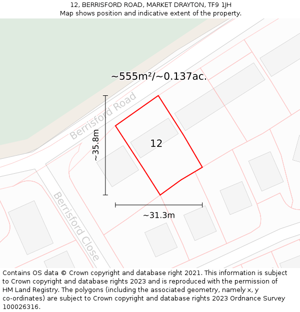 12, BERRISFORD ROAD, MARKET DRAYTON, TF9 1JH: Plot and title map