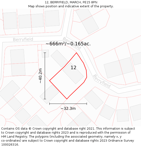 12, BERRYFIELD, MARCH, PE15 8PN: Plot and title map