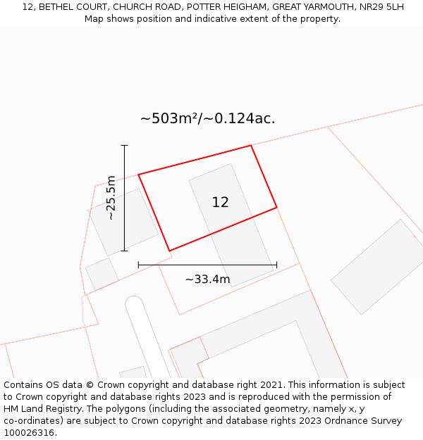 12, BETHEL COURT, CHURCH ROAD, POTTER HEIGHAM, GREAT YARMOUTH, NR29 5LH: Plot and title map