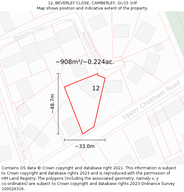 12, BEVERLEY CLOSE, CAMBERLEY, GU15 1HF: Plot and title map