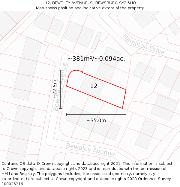 12, BEWDLEY AVENUE, SHREWSBURY, SY2 5UQ: Plot and title map