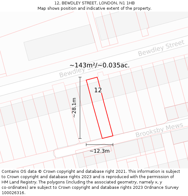 12, BEWDLEY STREET, LONDON, N1 1HB: Plot and title map