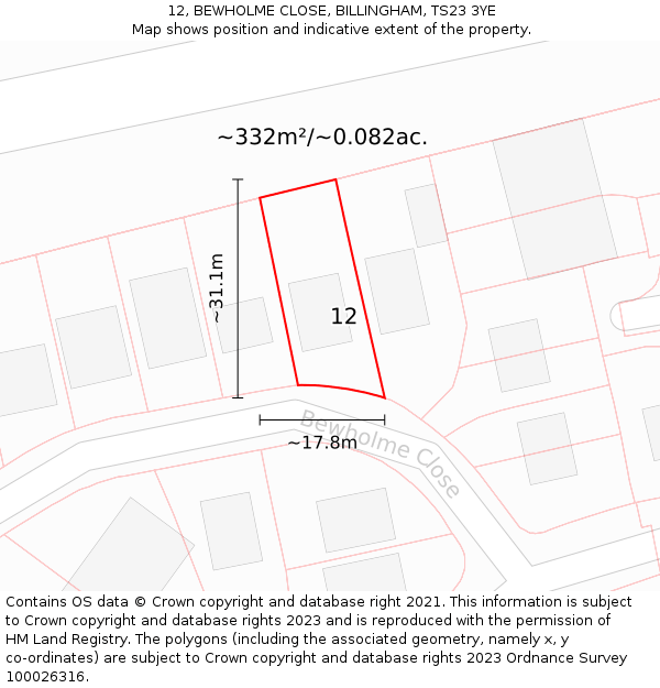 12, BEWHOLME CLOSE, BILLINGHAM, TS23 3YE: Plot and title map