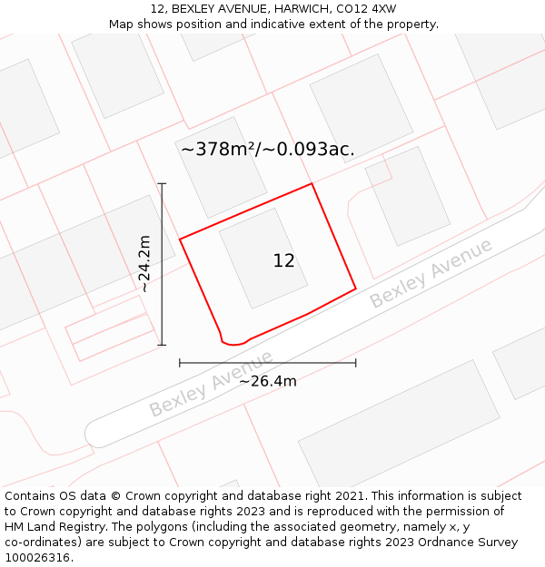 12, BEXLEY AVENUE, HARWICH, CO12 4XW: Plot and title map