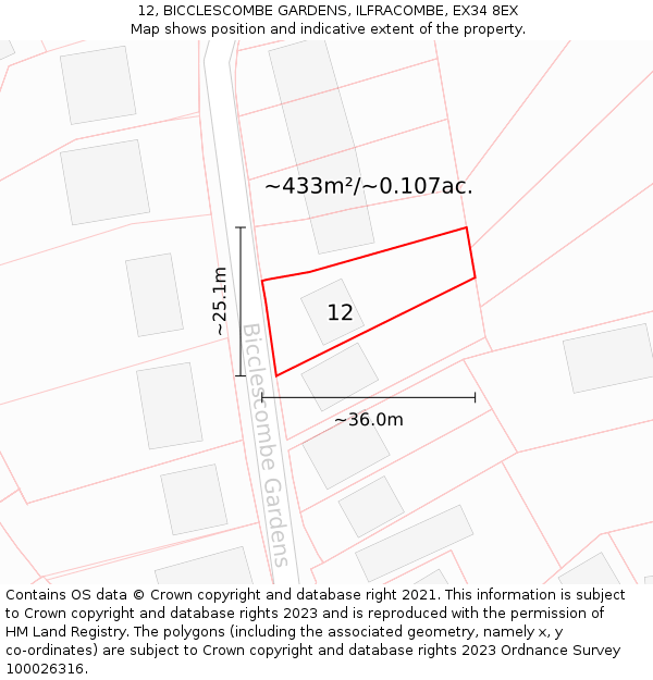 12, BICCLESCOMBE GARDENS, ILFRACOMBE, EX34 8EX: Plot and title map
