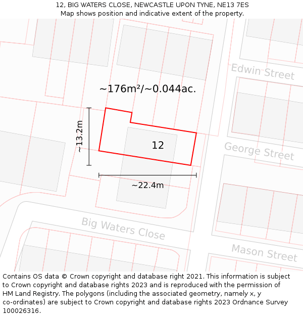 12, BIG WATERS CLOSE, NEWCASTLE UPON TYNE, NE13 7ES: Plot and title map