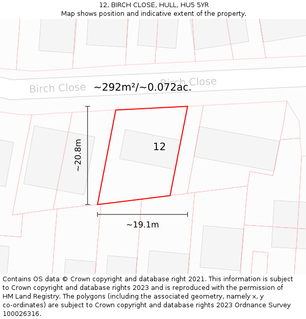 12, BIRCH CLOSE, HULL, HU5 5YR: Plot and title map