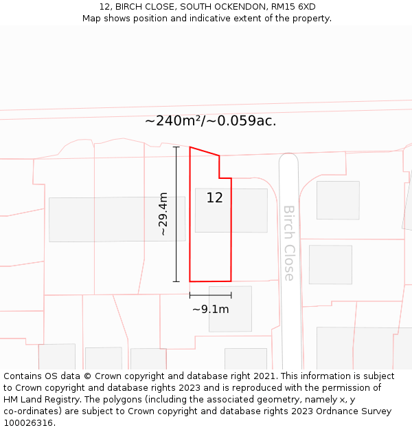 12, BIRCH CLOSE, SOUTH OCKENDON, RM15 6XD: Plot and title map