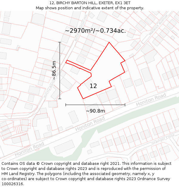 12, BIRCHY BARTON HILL, EXETER, EX1 3ET: Plot and title map