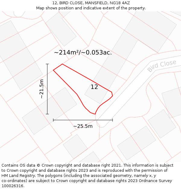 12, BIRD CLOSE, MANSFIELD, NG18 4AZ: Plot and title map