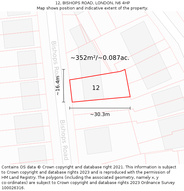 12, BISHOPS ROAD, LONDON, N6 4HP: Plot and title map