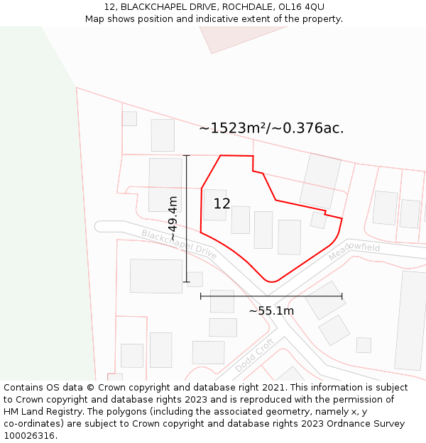 12, BLACKCHAPEL DRIVE, ROCHDALE, OL16 4QU: Plot and title map