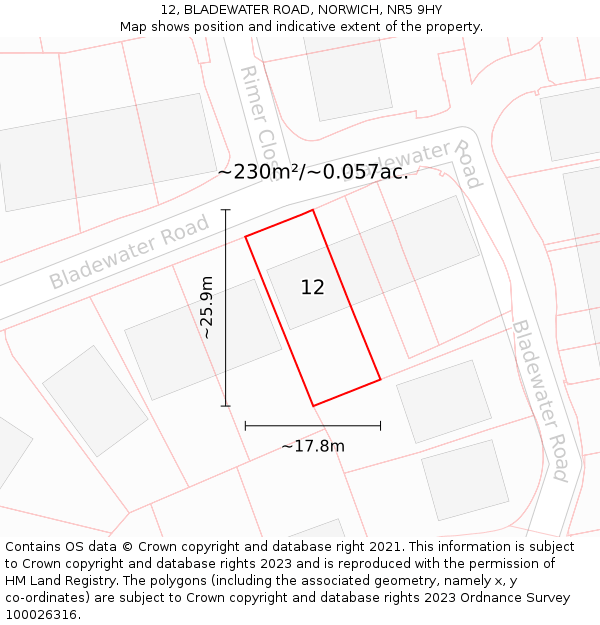 12, BLADEWATER ROAD, NORWICH, NR5 9HY: Plot and title map