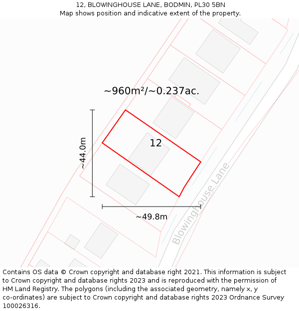 12, BLOWINGHOUSE LANE, BODMIN, PL30 5BN: Plot and title map