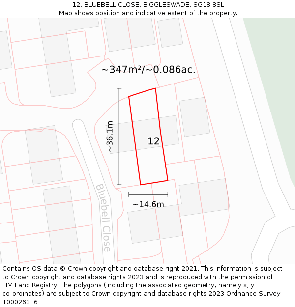 12, BLUEBELL CLOSE, BIGGLESWADE, SG18 8SL: Plot and title map