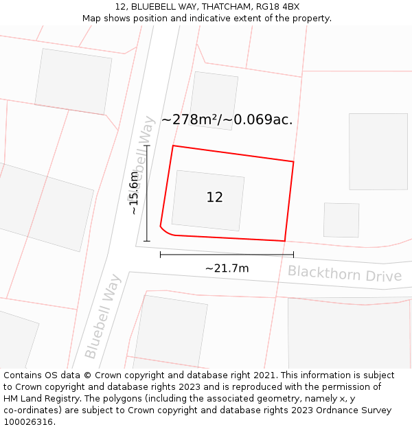 12, BLUEBELL WAY, THATCHAM, RG18 4BX: Plot and title map