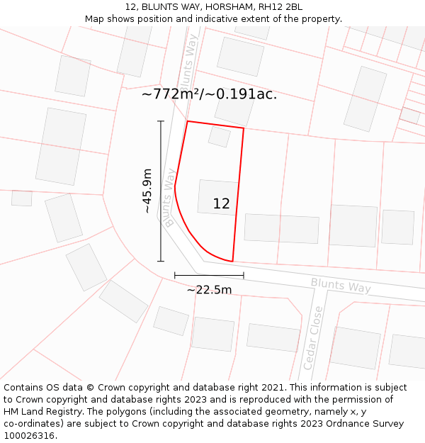 12, BLUNTS WAY, HORSHAM, RH12 2BL: Plot and title map