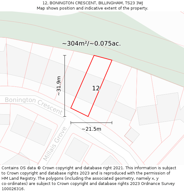 12, BONINGTON CRESCENT, BILLINGHAM, TS23 3WJ: Plot and title map