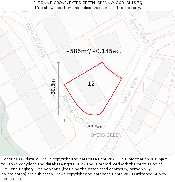 12, BONNIE GROVE, BYERS GREEN, SPENNYMOOR, DL16 7QH: Plot and title map