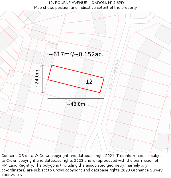 12, BOURNE AVENUE, LONDON, N14 6PD: Plot and title map