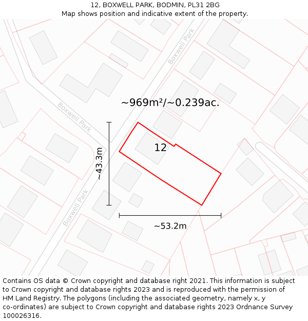 12, BOXWELL PARK, BODMIN, PL31 2BG: Plot and title map