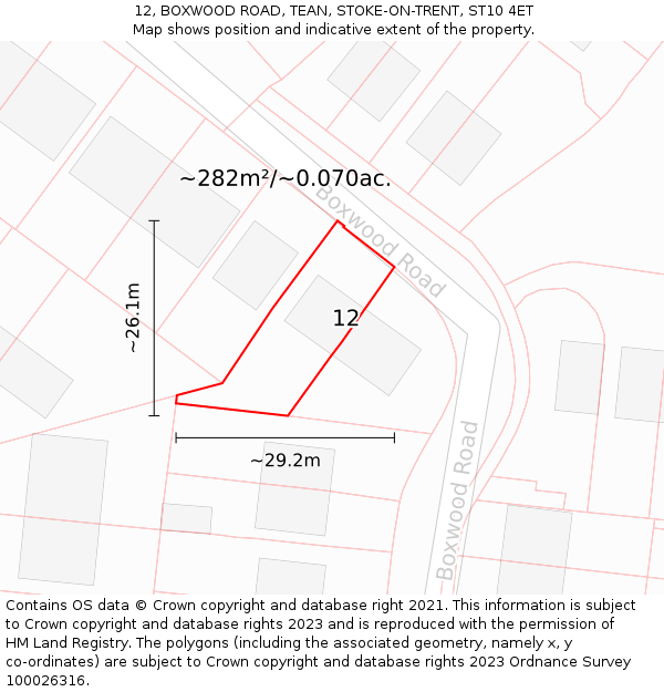 12, BOXWOOD ROAD, TEAN, STOKE-ON-TRENT, ST10 4ET: Plot and title map