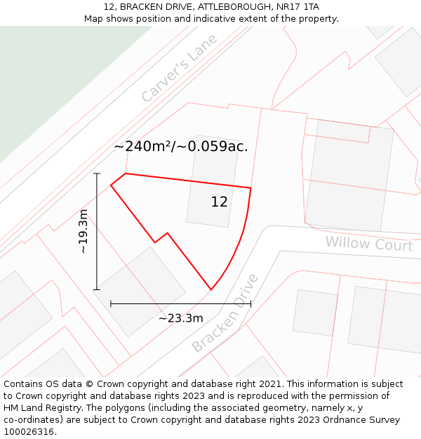 12, BRACKEN DRIVE, ATTLEBOROUGH, NR17 1TA: Plot and title map