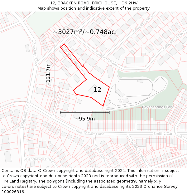 12, BRACKEN ROAD, BRIGHOUSE, HD6 2HW: Plot and title map