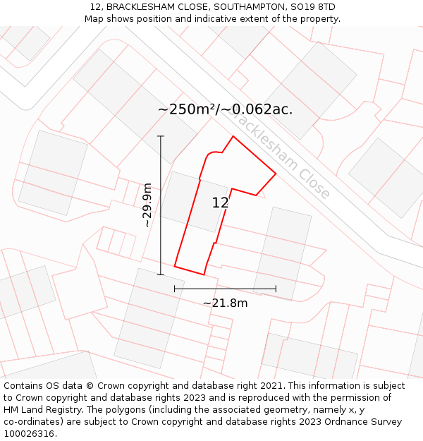 12, BRACKLESHAM CLOSE, SOUTHAMPTON, SO19 8TD: Plot and title map