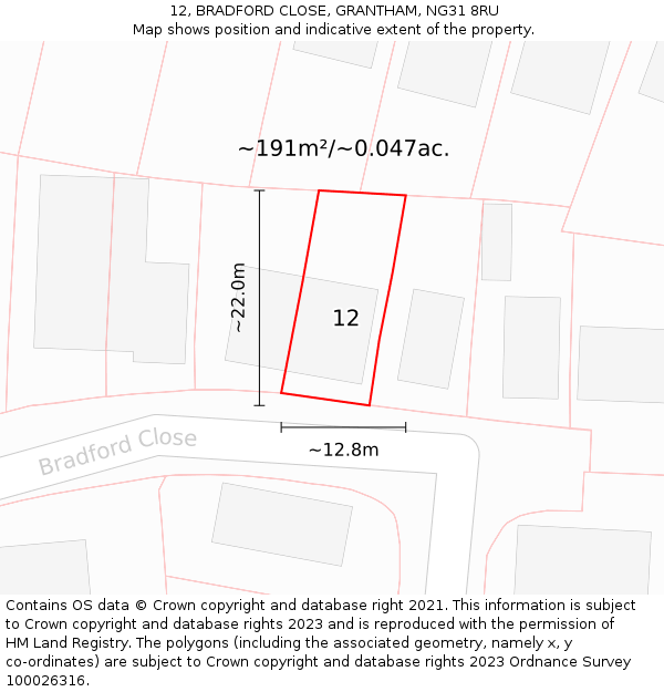 12, BRADFORD CLOSE, GRANTHAM, NG31 8RU: Plot and title map