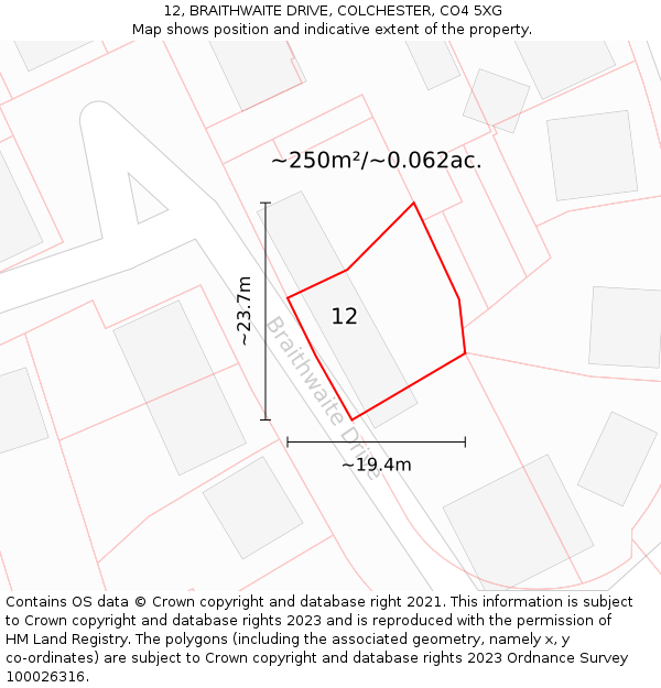 12, BRAITHWAITE DRIVE, COLCHESTER, CO4 5XG: Plot and title map