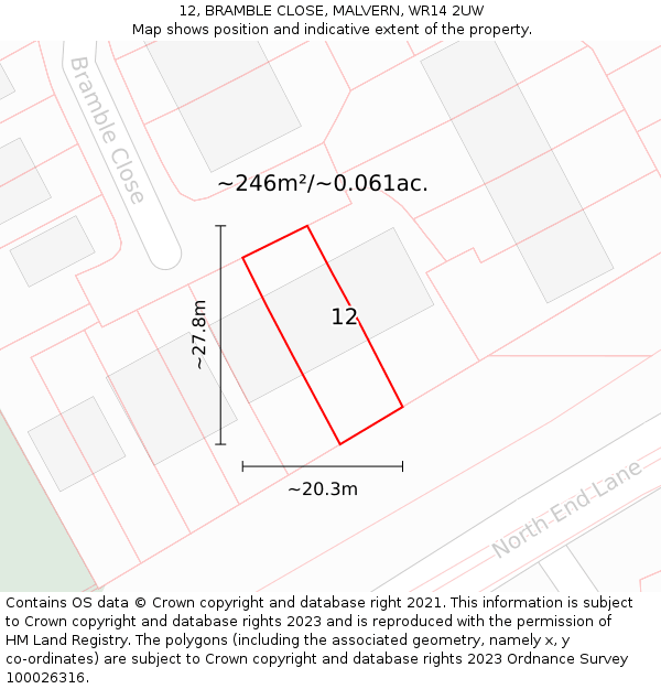 12, BRAMBLE CLOSE, MALVERN, WR14 2UW: Plot and title map