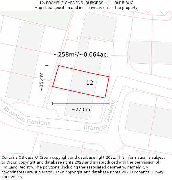 12, BRAMBLE GARDENS, BURGESS HILL, RH15 8UQ: Plot and title map