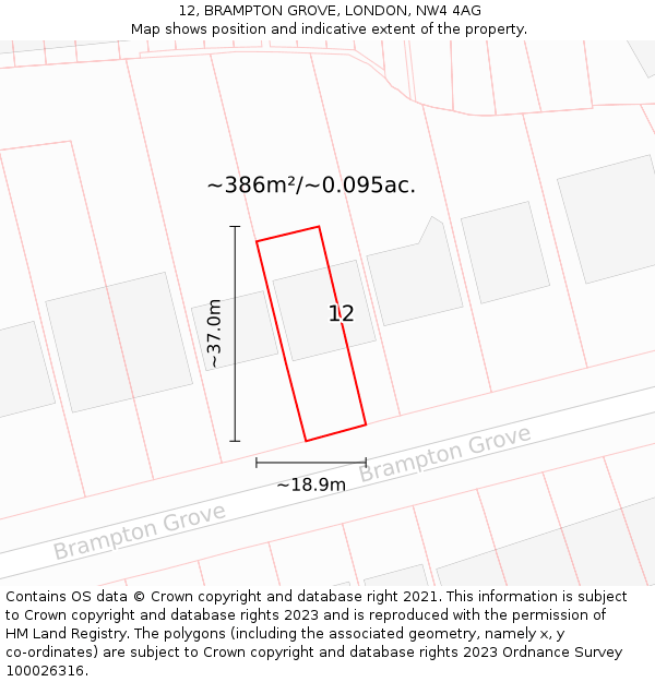 12, BRAMPTON GROVE, LONDON, NW4 4AG: Plot and title map