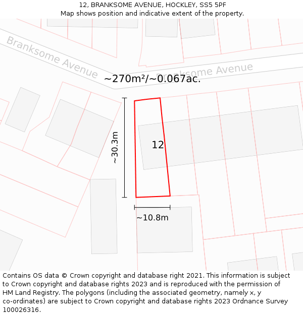 12, BRANKSOME AVENUE, HOCKLEY, SS5 5PF: Plot and title map