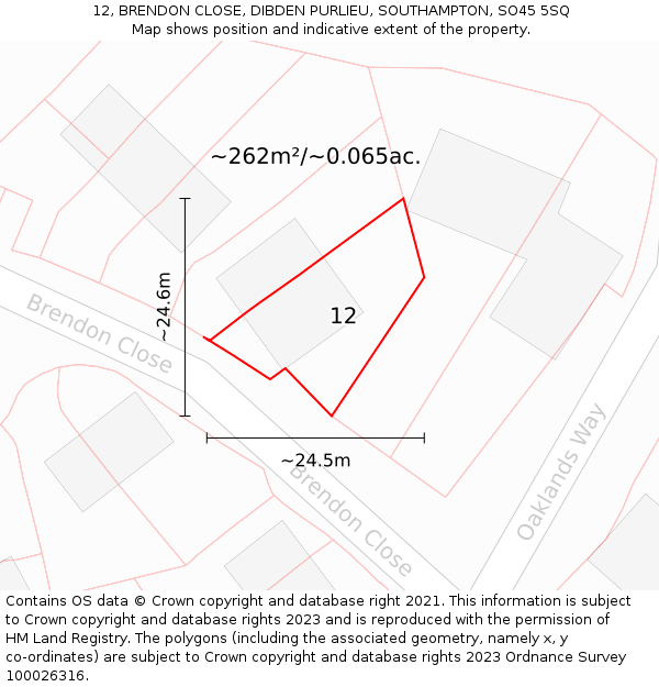 12, BRENDON CLOSE, DIBDEN PURLIEU, SOUTHAMPTON, SO45 5SQ: Plot and title map