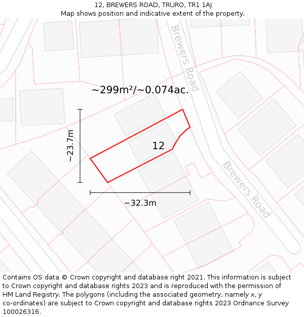 12, BREWERS ROAD, TRURO, TR1 1AJ: Plot and title map